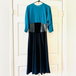 Dress long sleeve dress teal green with suede and leather trim at the waist